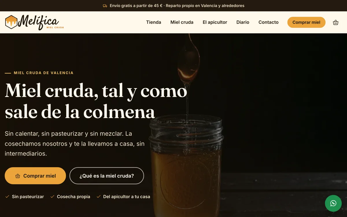 Captura de Melífica · tienda de miel cruda en ordenador