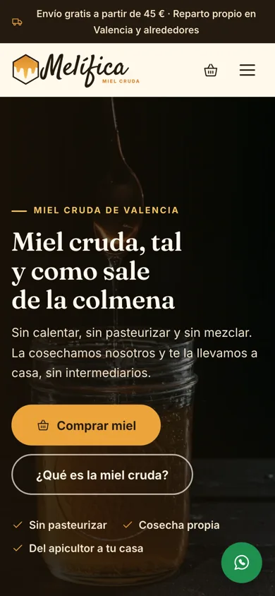 Captura de Melífica · tienda de miel cruda en móvil