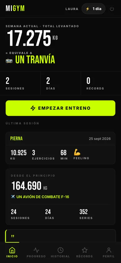 Captura de miGYM · app de entrenamiento en móvil