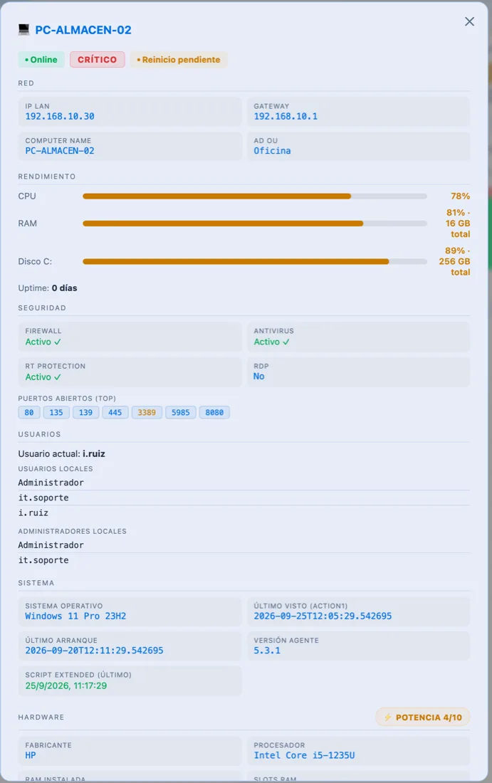 Ficha de un equipo en tema claro: red, CPU, RAM, disco, seguridad y usuarios