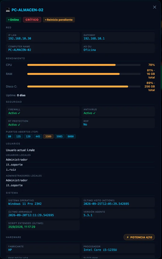 Ficha de un equipo en tema oscuro